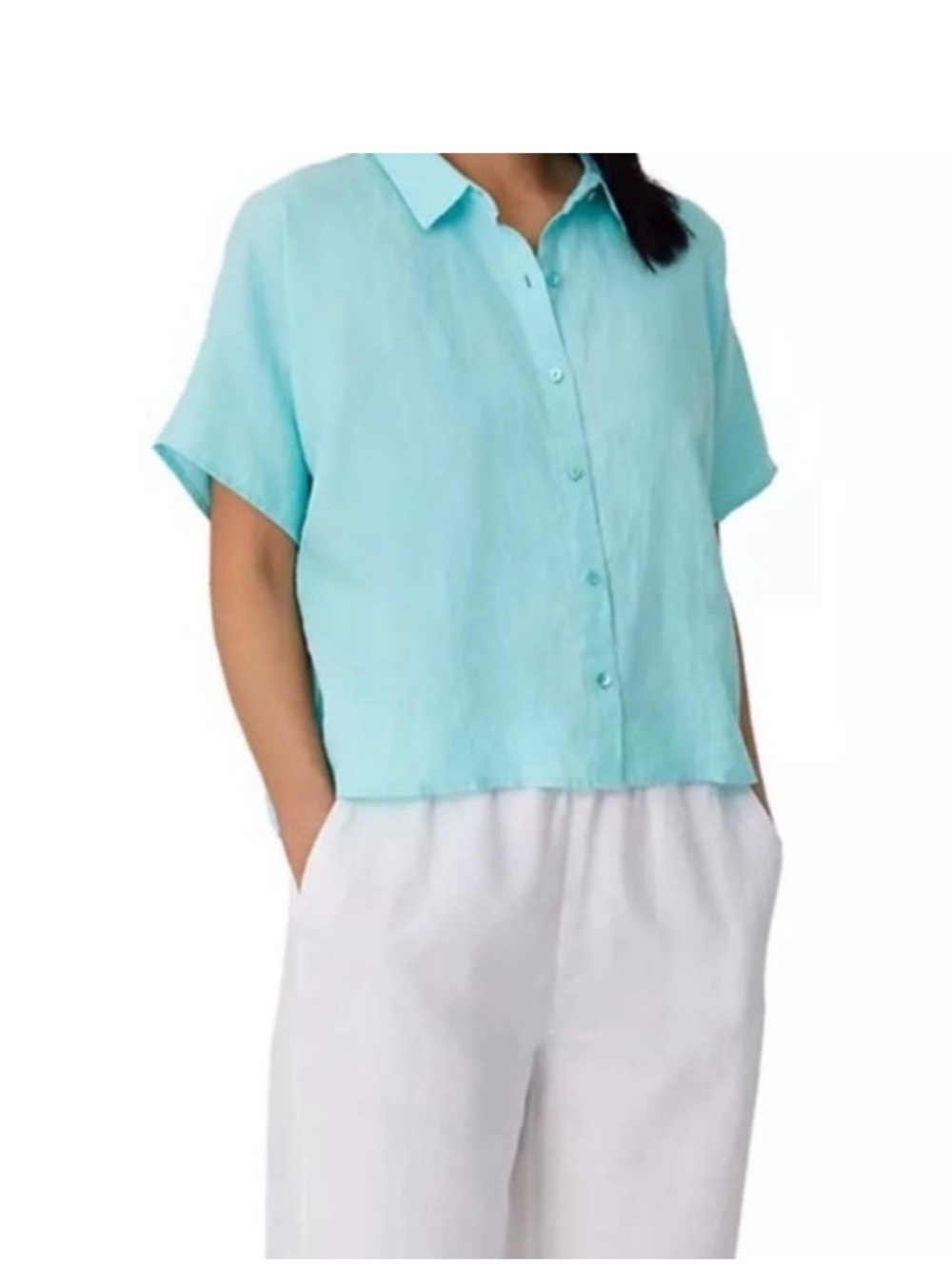 Eileen Fisher Aqua Short Sleeve Button Front Shirt - Picture 3 of 8